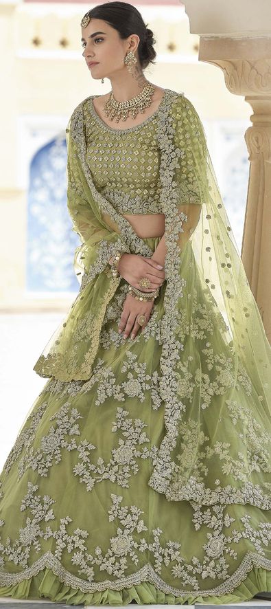 Net Wedding Lehenga in Green with Thread work-1763963