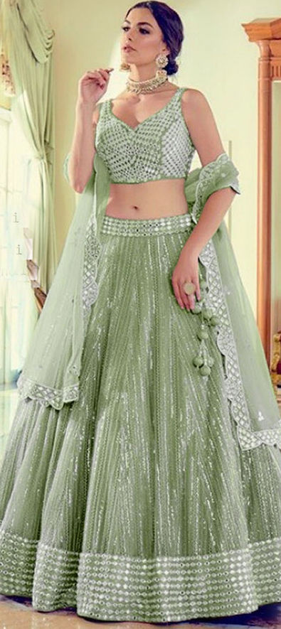 Net Party Wear Lehenga in Green with Sequence work-1772234