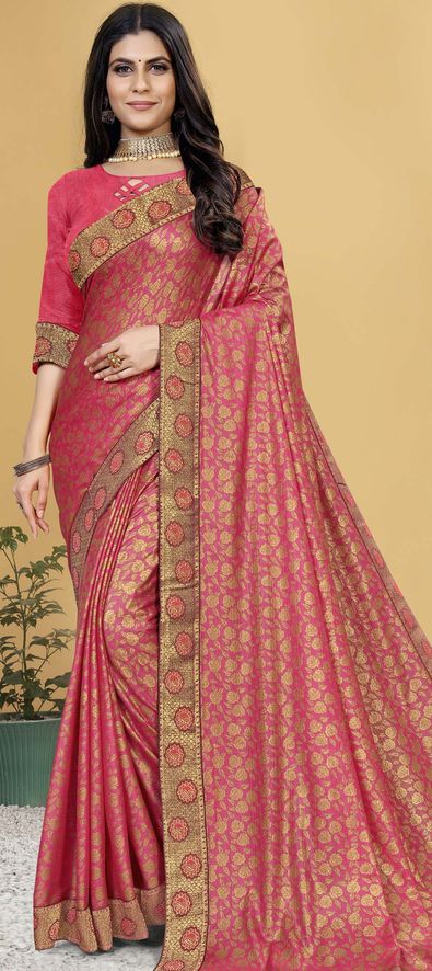 Lycra Party Wear Saree in Pink and Majenta with Border Work-1776730