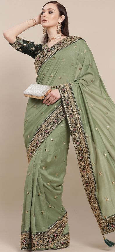 Art Silk Traditional Saree in Green with Embroidered Work-1776898