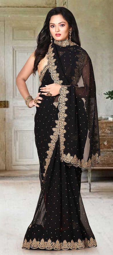 Georgette Bridal Saree in Black and Grey with Cut Dana Work-1777183