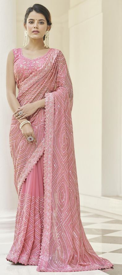 Georgette Designer Saree in Pink and Majenta with Sequence Work-1780543