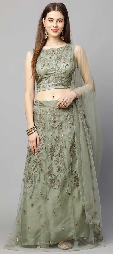 Net Party Wear Lehenga in Green with Stone work-1785366