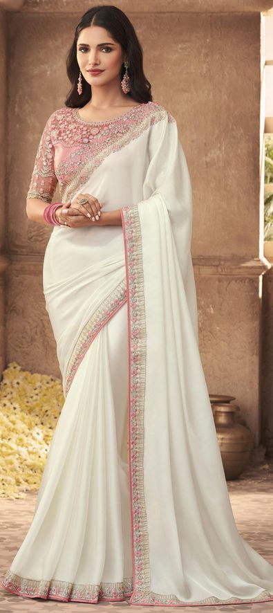 Georgette Wedding Saree in White and Off White with Thread Work-1786550