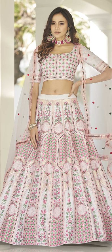 Silk Wedding Lehenga in White and Off White with Thread work-1787772