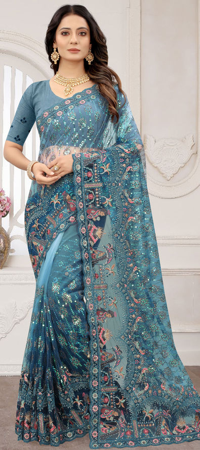 Net Party Wear Saree in Blue with Resham Work-1789409