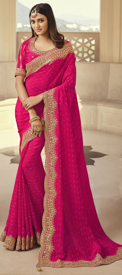 Georgette Wedding Saree in Pink and Majenta with Stone Work-1791155