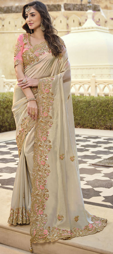 Viscose Bridal Saree in Beige and Brown with Bugle Beads Work-1791163