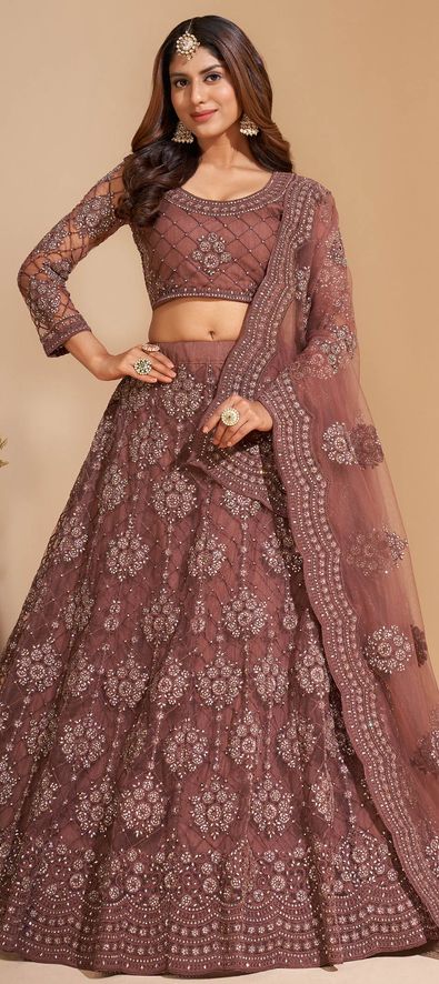 Net Bridal Lehenga in Beige and Brown with Embroidered work-1792122