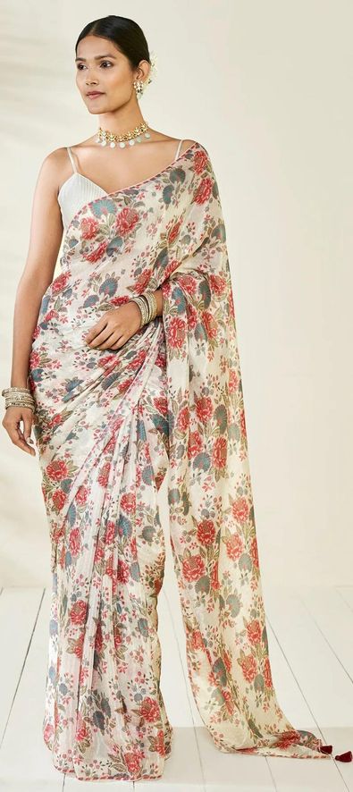 Chiffon Party Wear Saree in White and Off White with Floral Work-1793652