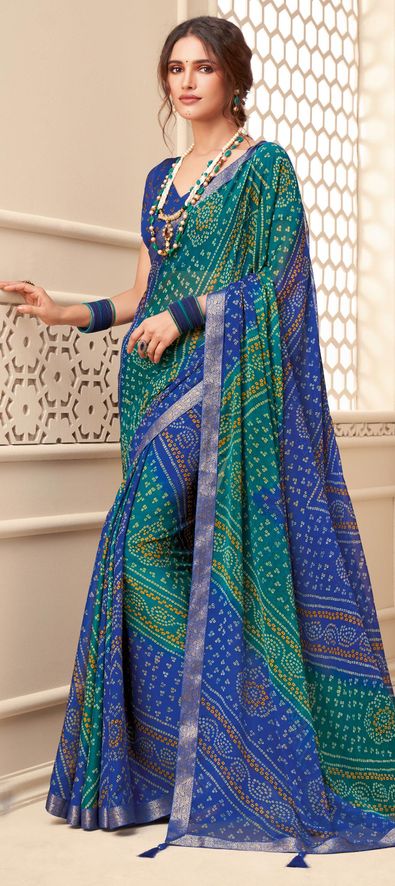 Chiffon Party Wear Saree in Blue with Border Work-1795373