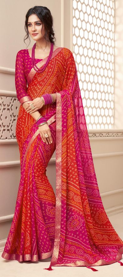 Chiffon Party Wear Saree in Orange with Border Work-1795376