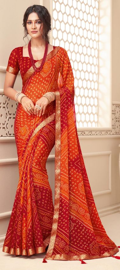 Chiffon Party Wear Saree in Orange with Border Work-1795381