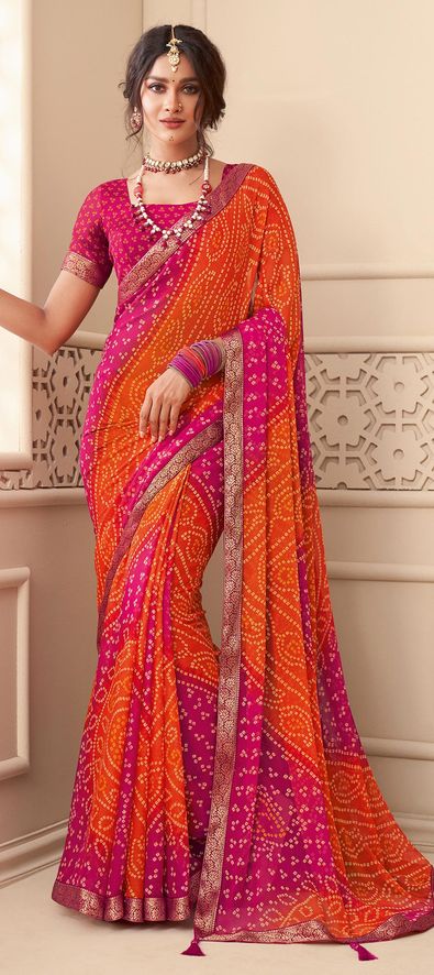 Chiffon Party Wear Saree in Pink and Majenta with Printed work