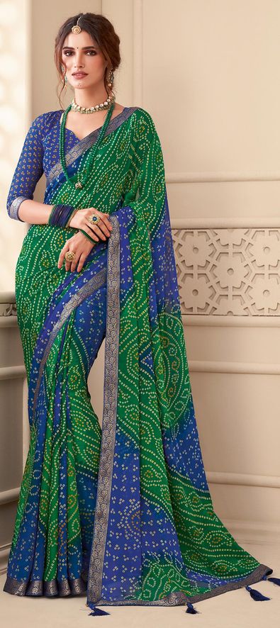 Chiffon Party Wear Saree in Blue with Bandhej Work-1795386