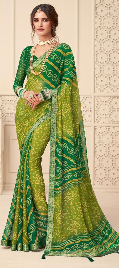 Chiffon Mehendi Sangeet Saree in Green with Bandhej Work-1795397