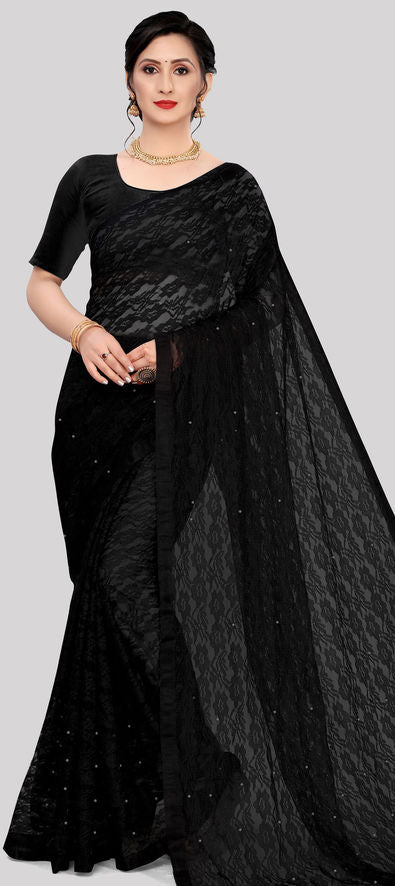 Net Festive Saree in Black and Grey with Moti Work-1796018