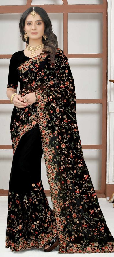 Georgette Festive Saree in Black and Grey with Resham Work-1796830