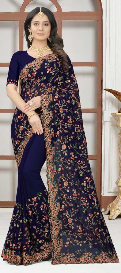 Georgette Festive Saree in Blue with Thread Work-1796840