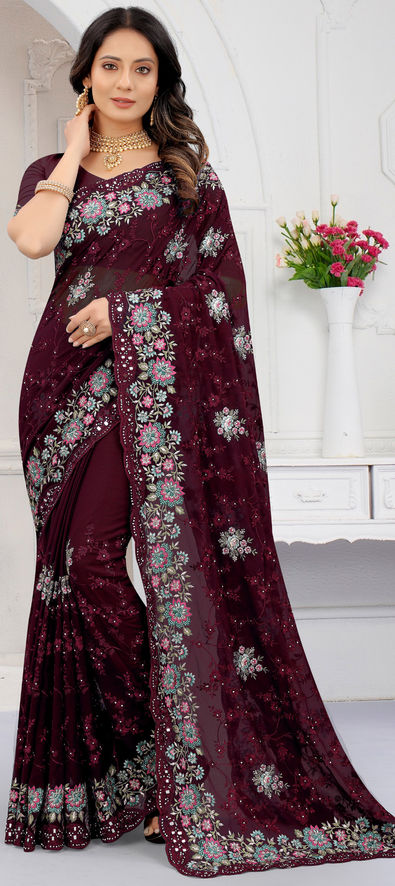 Georgette Wedding Saree in Red and Maroon with Stone Work-1798137