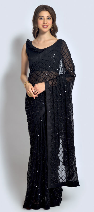 Georgette Designer Saree in Black and Grey with Embroidered Work-1798367