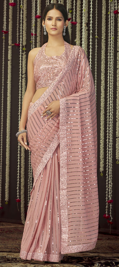 Georgette Reception Saree in Pink and Majenta with Thread Work-1801658