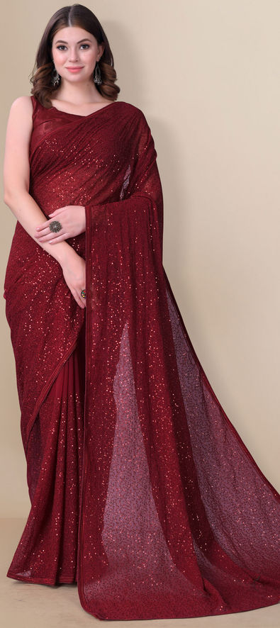 Georgette Designer Saree in Red and Maroon with Sequence Work-1806146