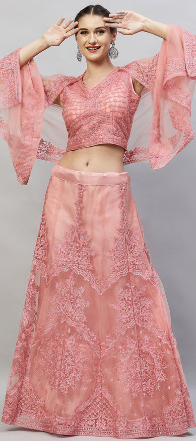 Net Party Wear Lehenga in Pink and Majenta with Embroidered work-1807309