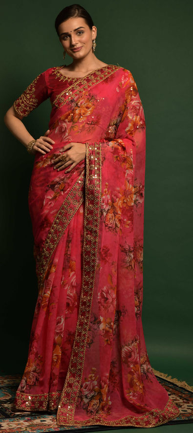 Georgette Casual Saree in Pink and Majenta with Embroidered Work-1810825