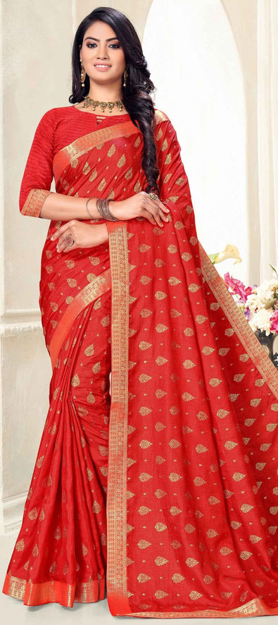 Art Silk Casual Saree in Red and Maroon with Foil Print Work-1811170