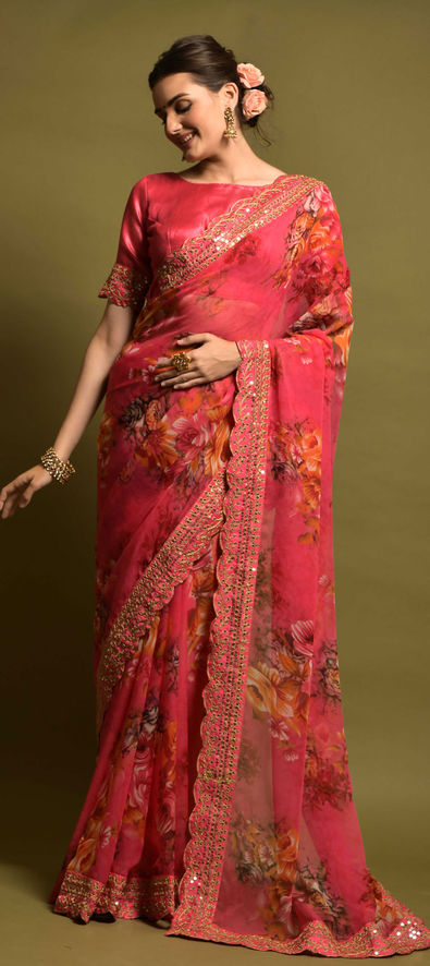 Georgette Party Wear Saree in Pink and Majenta with Sequence Work-1811513