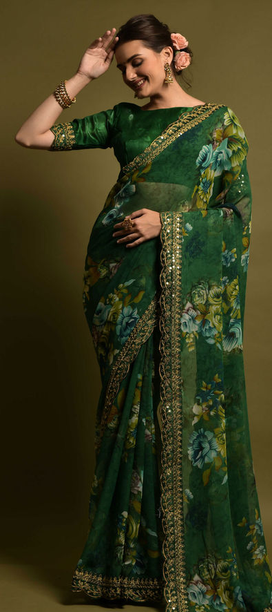 Georgette Casual Saree in Green with Floral Work-1811514