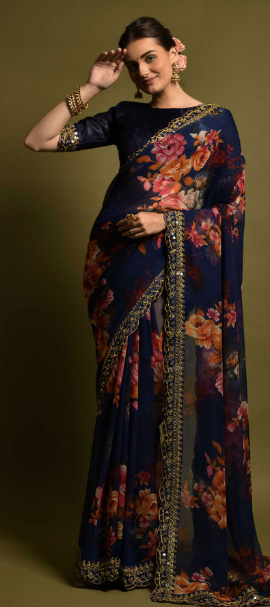 Georgette Casual Saree in Blue with Embroidered work