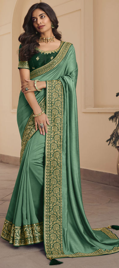 Art Silk Traditional Saree in Green with Embroidered work