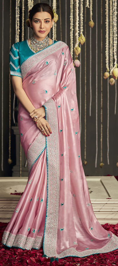 Silk Traditional Saree in Pink and Majenta with Thread Work-1814555