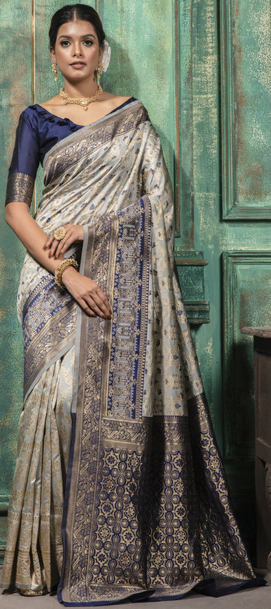 Silk Traditional Saree in Black and Grey with Weaving Work-1815885