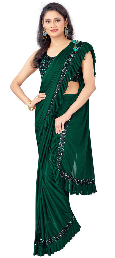 Lycra Party Wear Saree in Green with Sequence Work-1816247