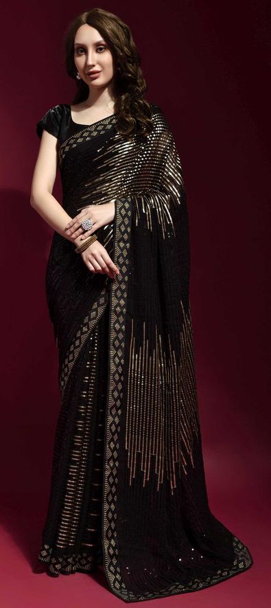 Georgette Party Wear Saree in Black and Grey with Thread Work-1816819