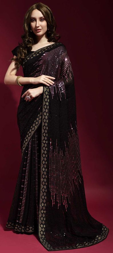 Georgette Party Wear Saree in Black and Grey with Thread Work-1816820