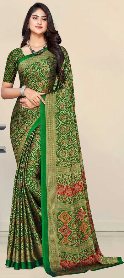 Chiffon Festive Saree in Green with Printed Work-1817486