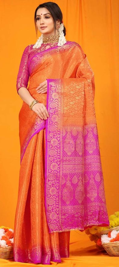 Silk Traditional Saree in Orange with Weaving Work-1820393