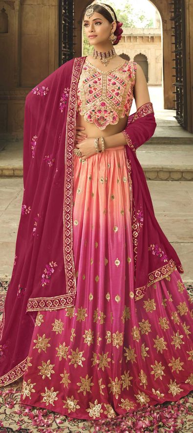 Silk Reception Lehenga in Pink and Majenta with Sequence work-1823362