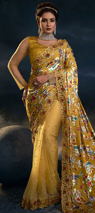 Lycra Bridal Saree in Yellow with Digital Print Work-1823996