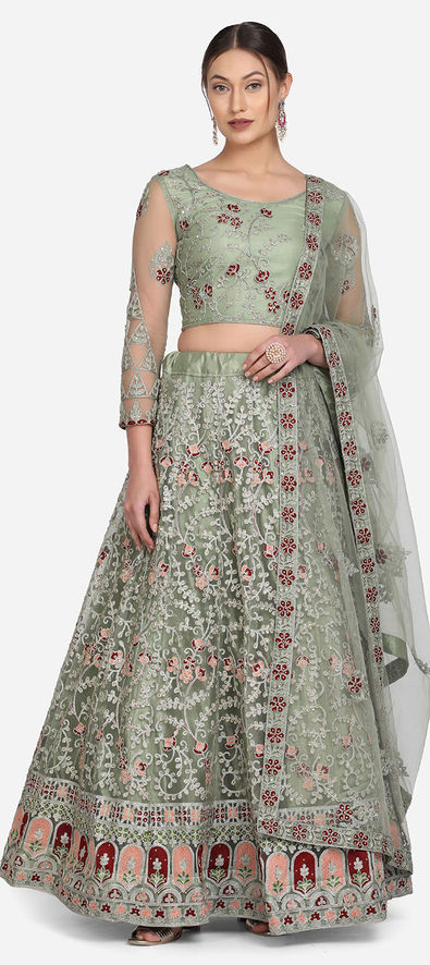 Net Party Wear Lehenga in Green with Thread work-1826941