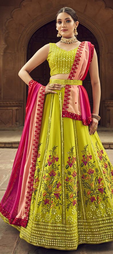 Georgette Reception Lehenga in Green with Thread work-1827043