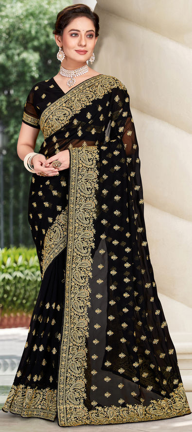 Georgette Festive Saree in Black and Grey with Embroidered Work-1828395