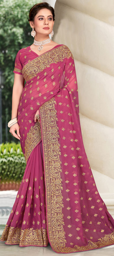 Georgette Festive Saree in Pink and Majenta with Embroidered Work-1828402