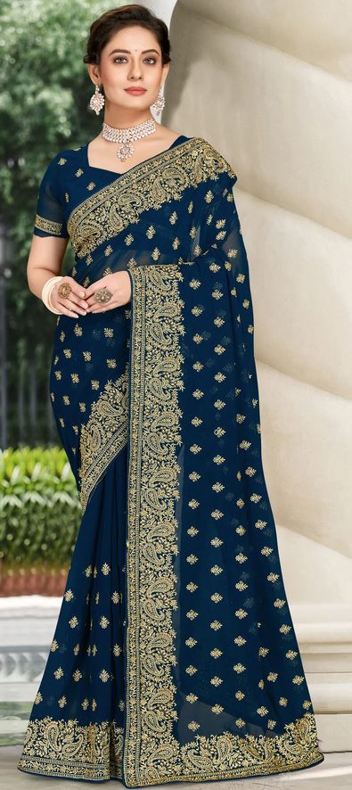 Georgette Reception Saree in Blue with Zari Work-1828410