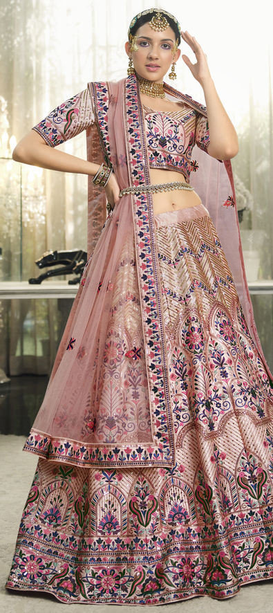 Silk Bridal Lehenga in Pink and Majenta with Embroidered work-1828457