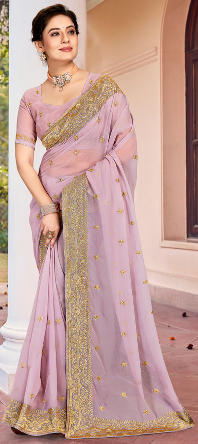 Georgette Reception Saree in Purple and Violet with Zari Work-1829758